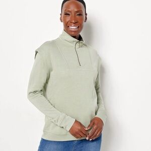 Laurie Felt Green Pullover Quarter Zip Sweatshirt Olive French Terry QVC Sz XS